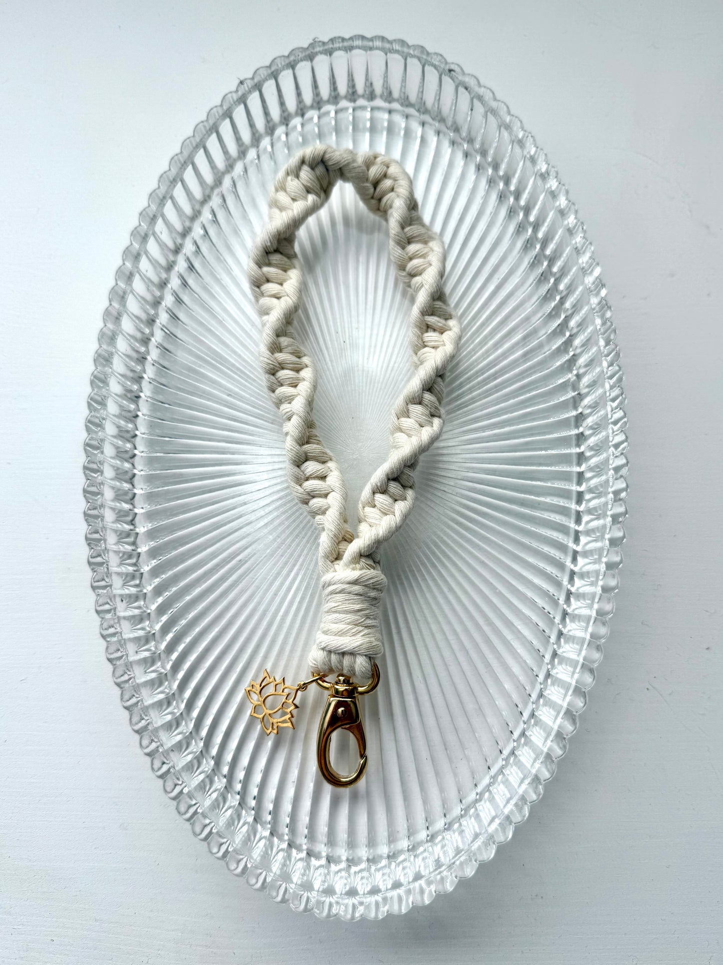 Macrame Wristlet with Lotus Charm - Pearl