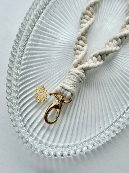 Macrame Wristlet with Lotus Charm - Pearl