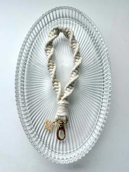 Macrame Wristlet with Lotus Charm - Pearl