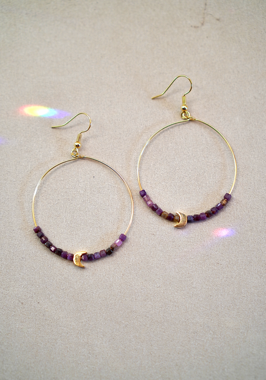 Ruby Beaded Moon Earrings